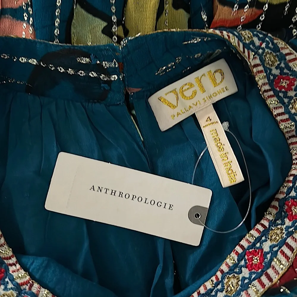 Anthropologie Verb Pallavi NWT Boho Dark Blue Floral Eulalia Gold Dress **Sz 4** - Picture 5 of 5